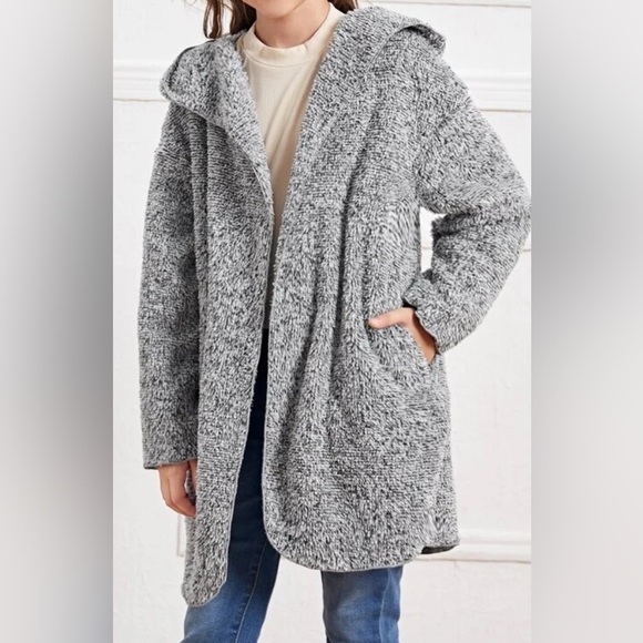 SHEIN Girls Slant Pocket Drop Shoulder Open Front Hooded Teddy Coat, 9Y, NWOT - Picture 1 of 7
